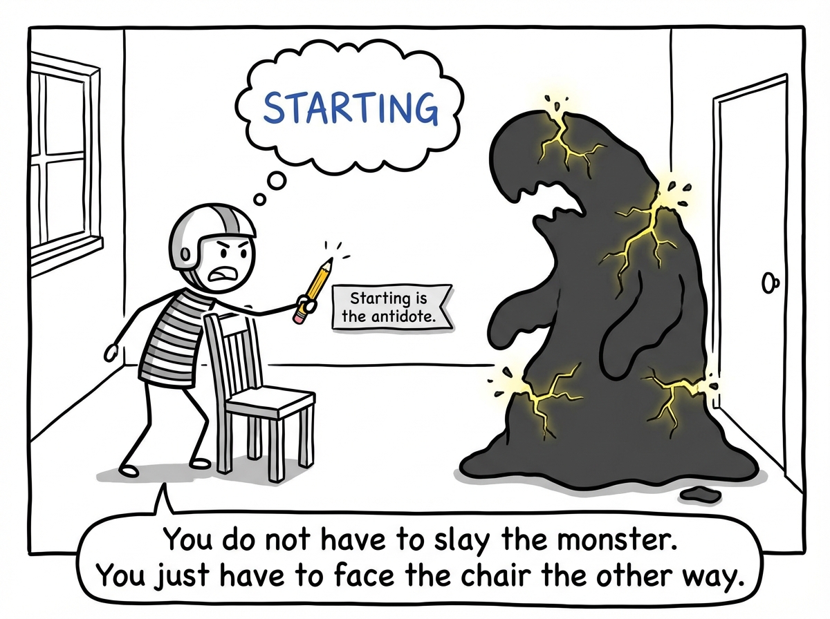The stick figure has stopped the chair and turned to face the monster, looking terrified but determined. They hold a tiny pencil like a sword. As they take one step toward the monster and write the first word, the monster begins to shrink -- cracks of light appearing through its body. A small label reads 'Starting is the antidote.'