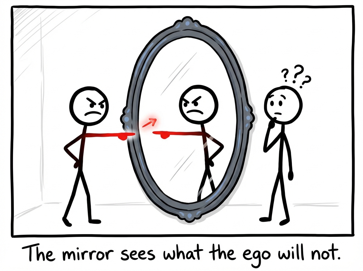 A mirror appearing between the two figures, showing that the accusing stick figure's reflection perfectly matches the behavior they are describing