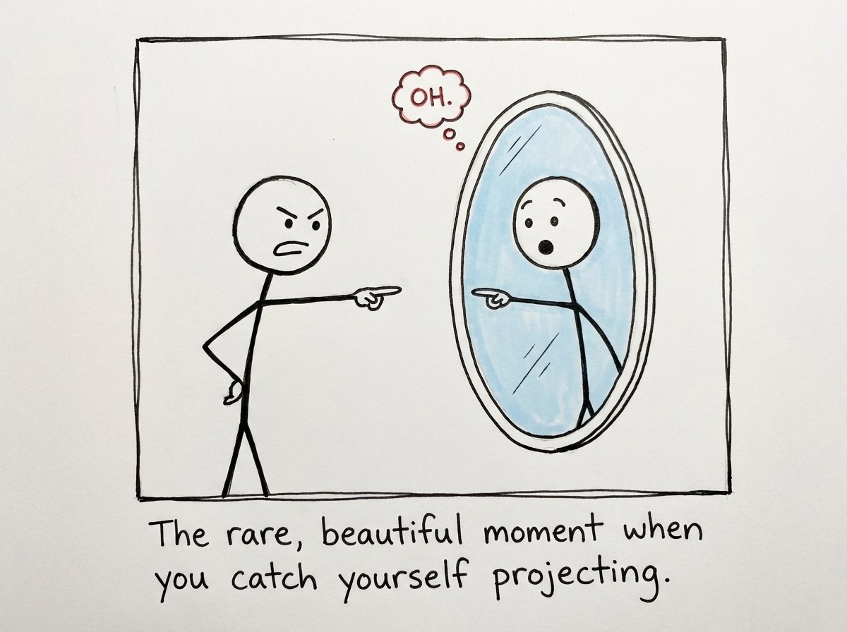 The accusing stick figure pausing, looking at the mirror with a surprised expression, having a moment of recognition