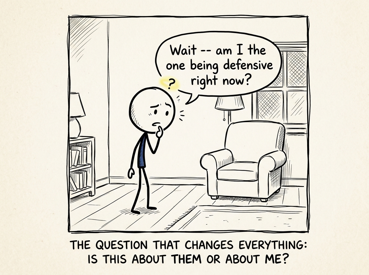 The stick figure lowering their voice and asking themselves 'Wait -- am I the one being defensive right now?'