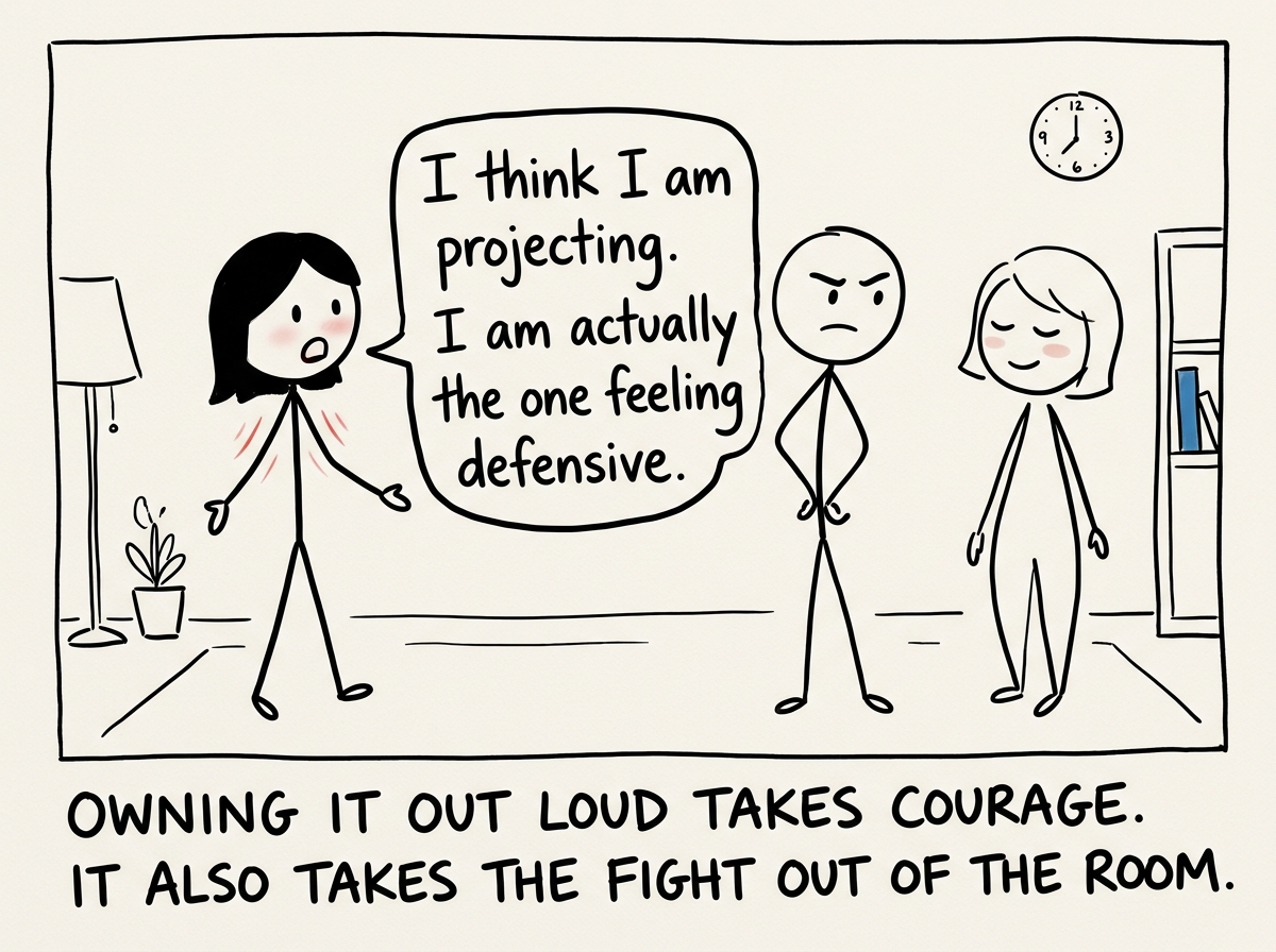 The stick figure saying out loud 'I think I am projecting. I am actually the one feeling defensive' while their partner's face softens