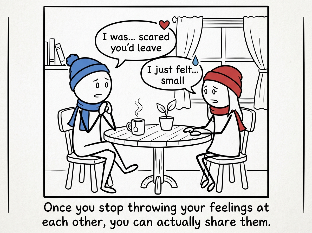 Both figures sitting down, the argument over, having a real conversation about what they were each actually feeling