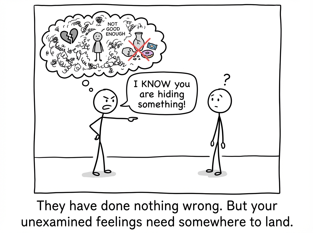 A stick figure pointing at their confused partner and saying 'I KNOW you are hiding something!' while the accuser's own thought bubble is filled with guilty secrets and insecurities they have not acknowledged