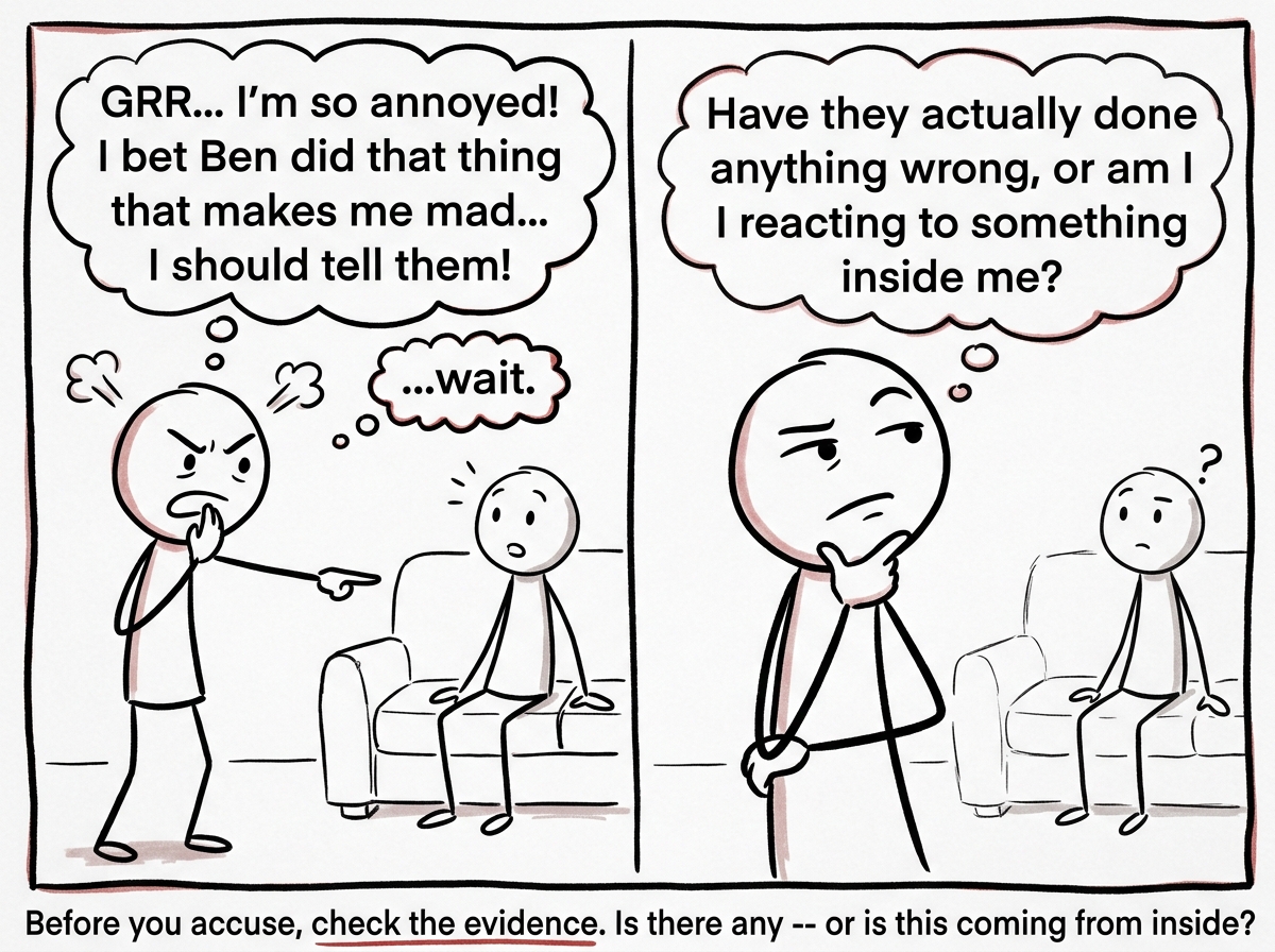 A stick figure feeling the urge to accuse their partner and pausing, asking themselves 'Have they actually done anything wrong, or am I reacting to something inside me?'