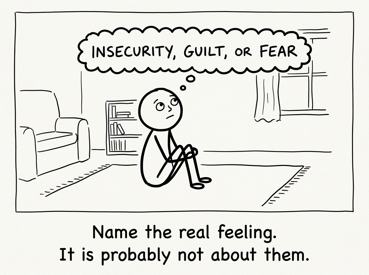 The stick figure sitting quietly and identifying the real feeling underneath: insecurity, guilt, or fear -- not their partner's behavior