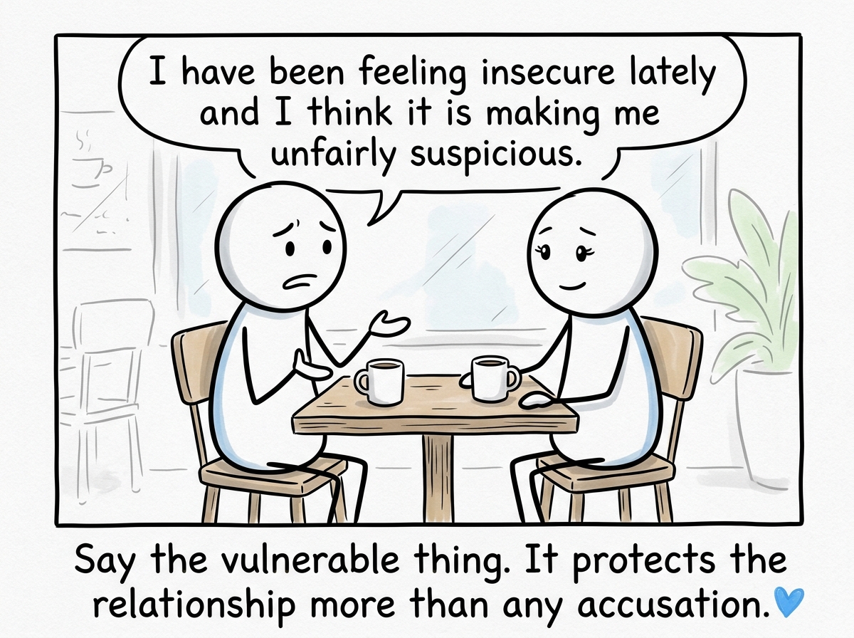 The stick figure telling their partner 'I have been feeling insecure lately and I think it is making me unfairly suspicious' with vulnerable honesty