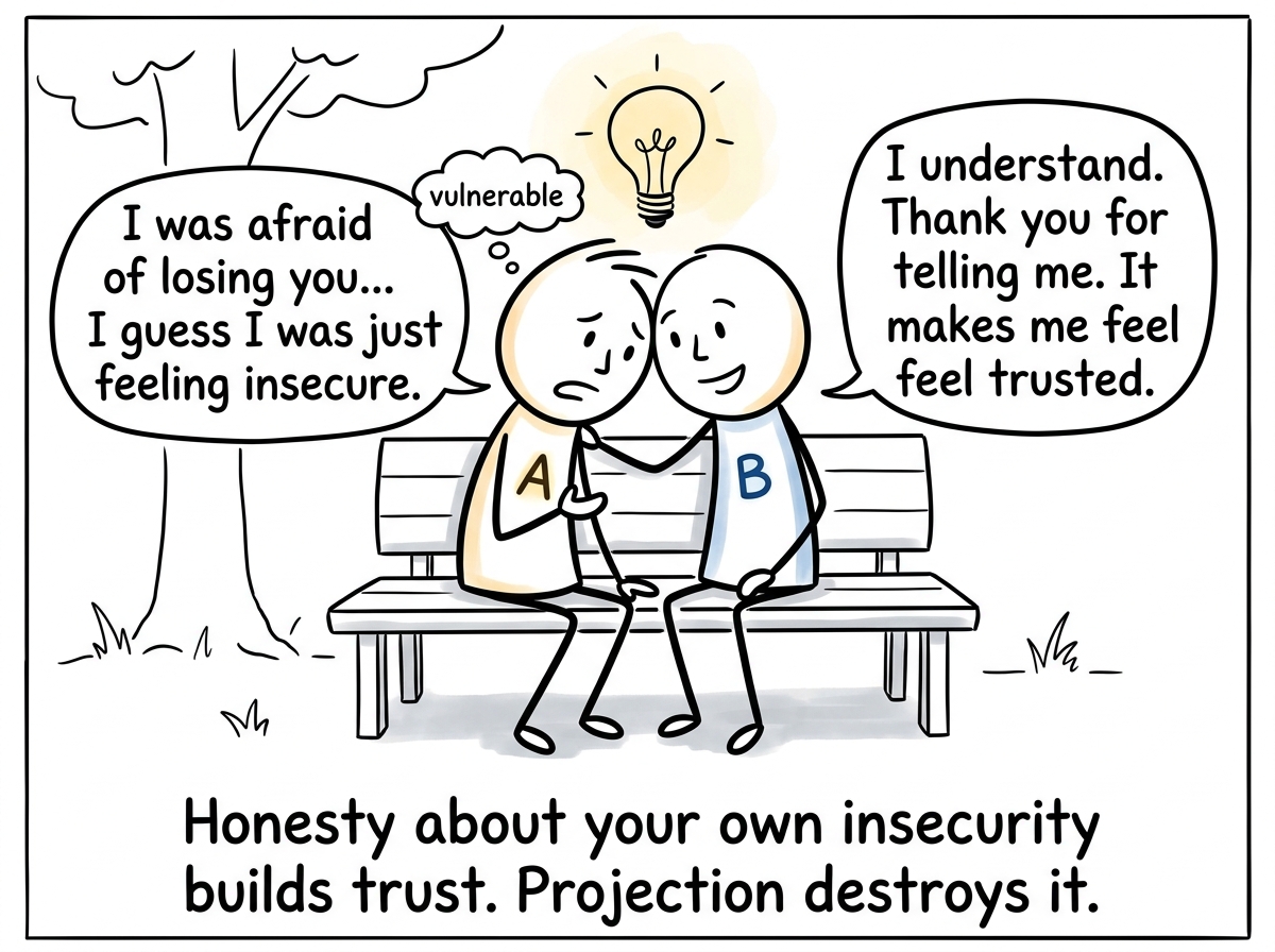 The partner responding with understanding, and both figures sitting closer, trust intact instead of eroded by suspicion
