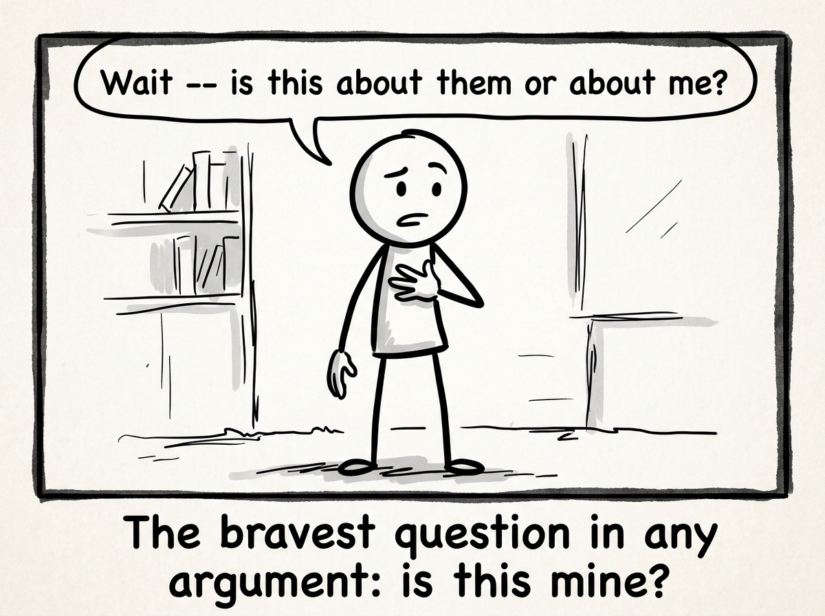 The stick figure lowering their pointing hand and placing it on their own chest, asking 'Wait -- is this about them or about me?'