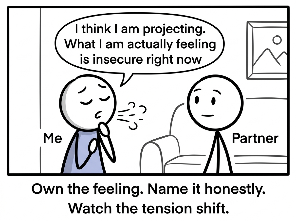 The stick figure taking a breath and saying to their partner 'I think I am projecting. What I am actually feeling is insecure right now'