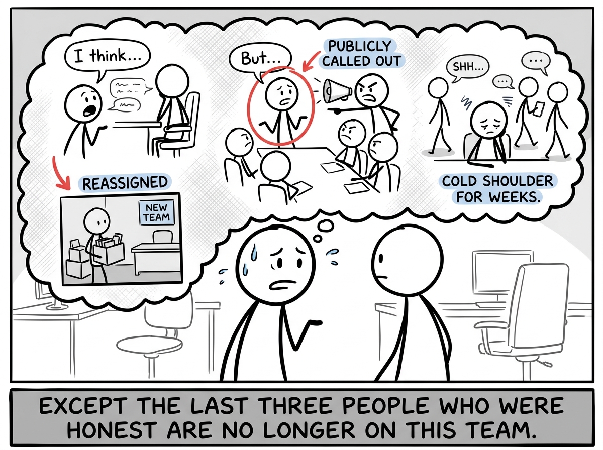 A thought bubble flashback showing three different employees who spoke up before -- one reassigned, one publicly called out, one given the cold shoulder for weeks