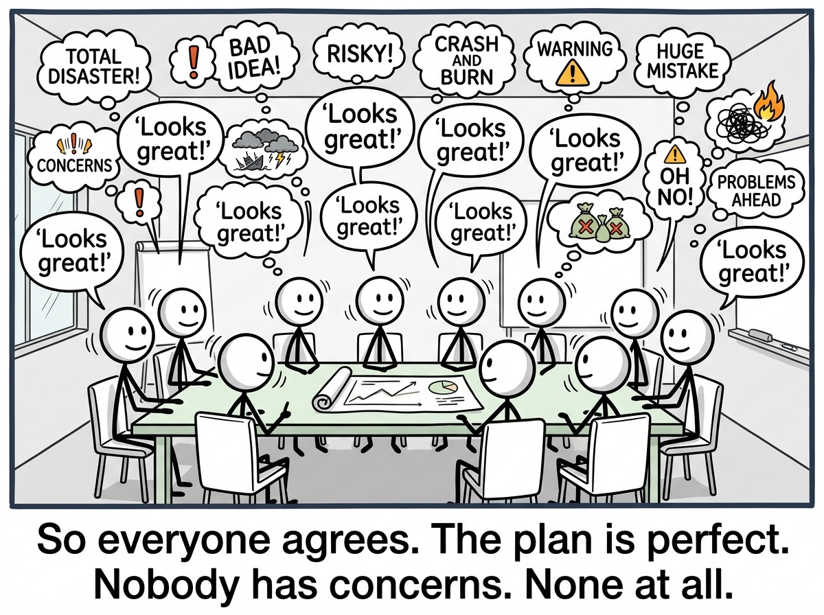 The entire room of stick figures smiling and nodding blankly, all saying 'Looks great!' while their thought bubbles are filled with warnings and concerns