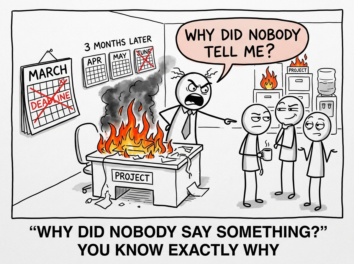 A calendar showing three months later with the project in flames, and the boss asking 'Why did nobody tell me?' while the surviving team members exchange knowing looks
