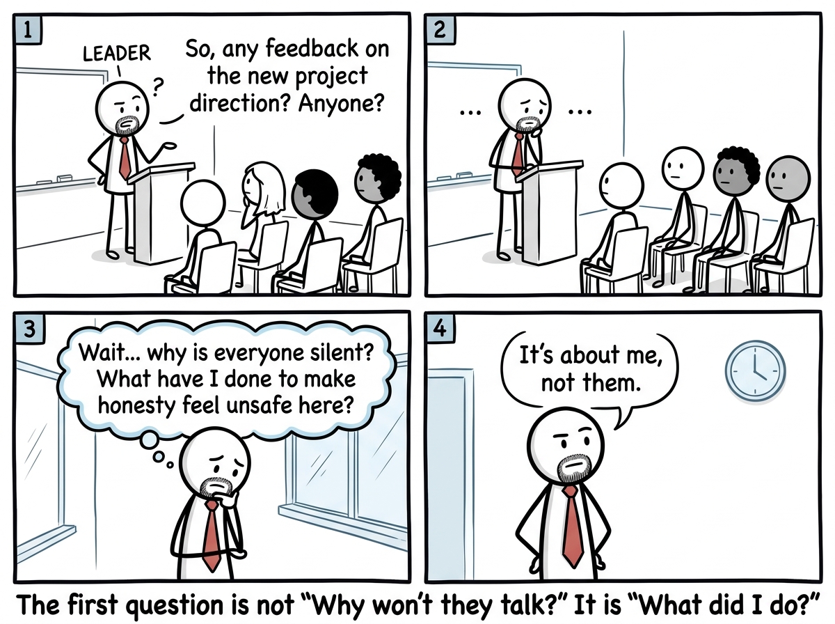 A leader pausing after asking for feedback and getting silence, then reflecting: 'What have I done to make honesty feel unsafe here?'