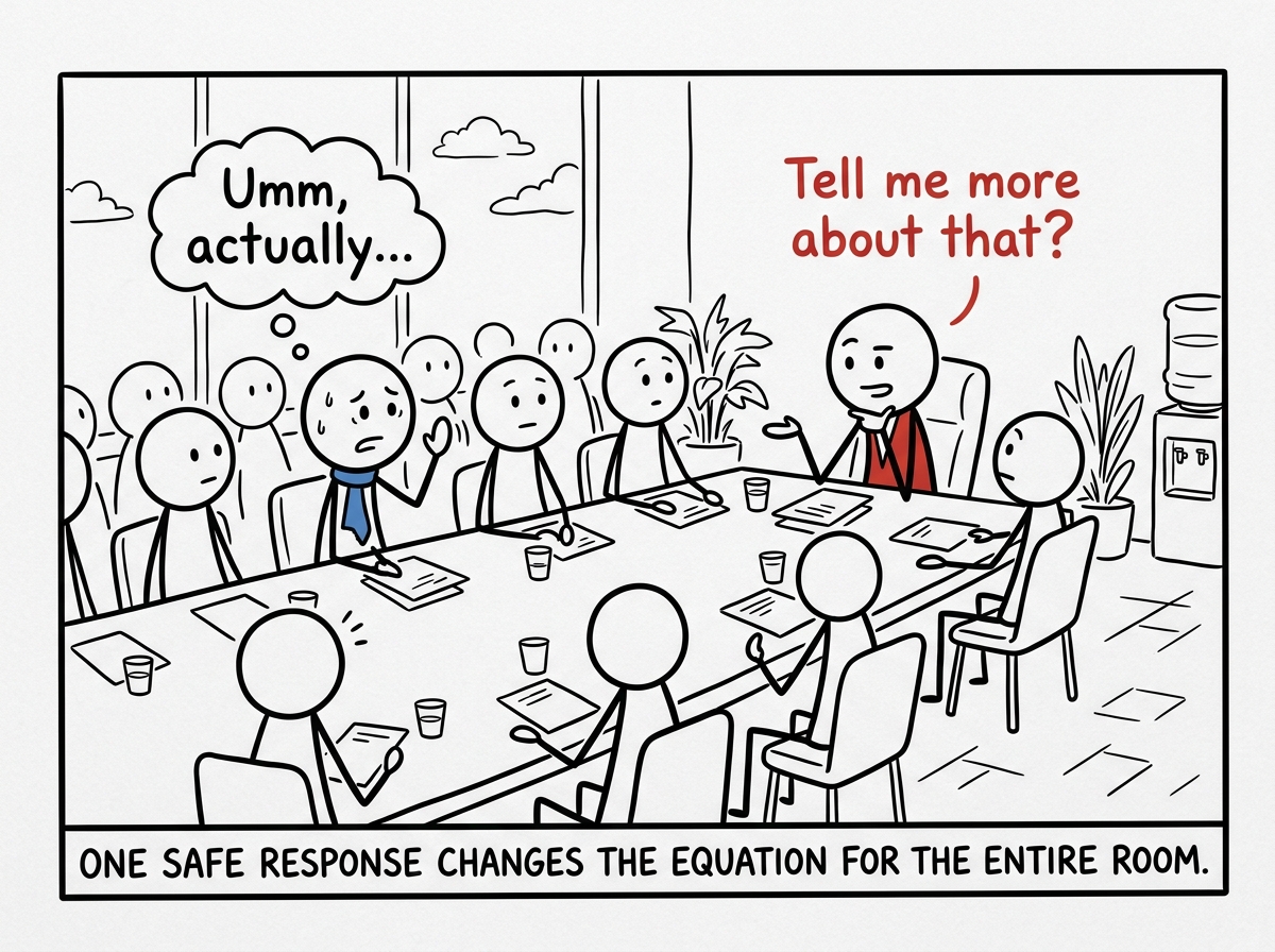 In the next meeting, one person cautiously raising a concern, and the leader responding with curiosity instead of defensiveness