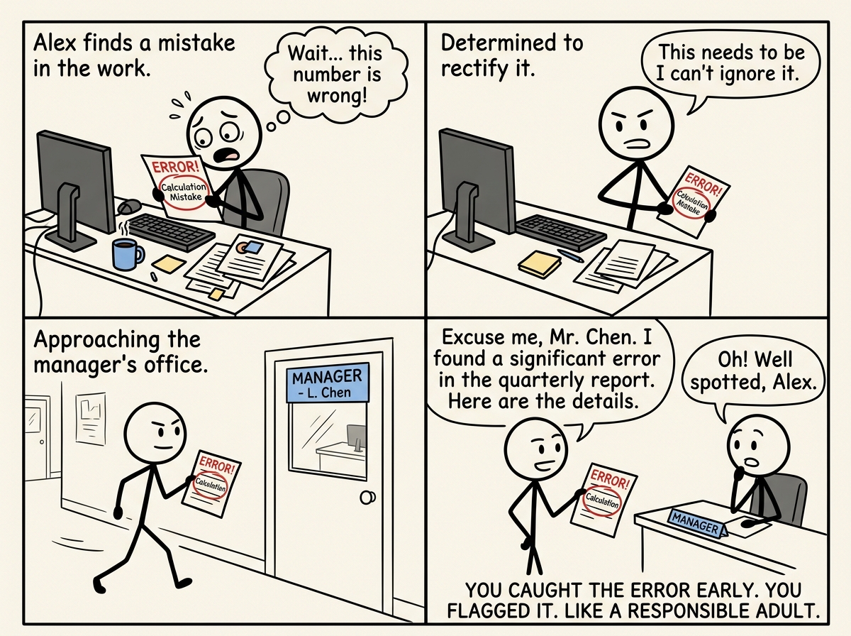 A stick figure at their desk discovering an error in their work, looking concerned but determined, walking toward their manager's office with the report
