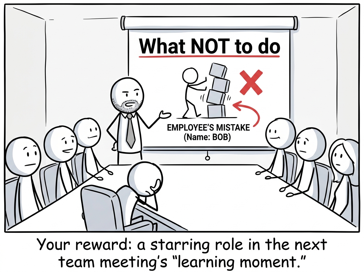 The manager in a team meeting with a presentation slide titled 'What NOT to do' featuring the employee's mistake with their name on it, while the employee sinks into their chair