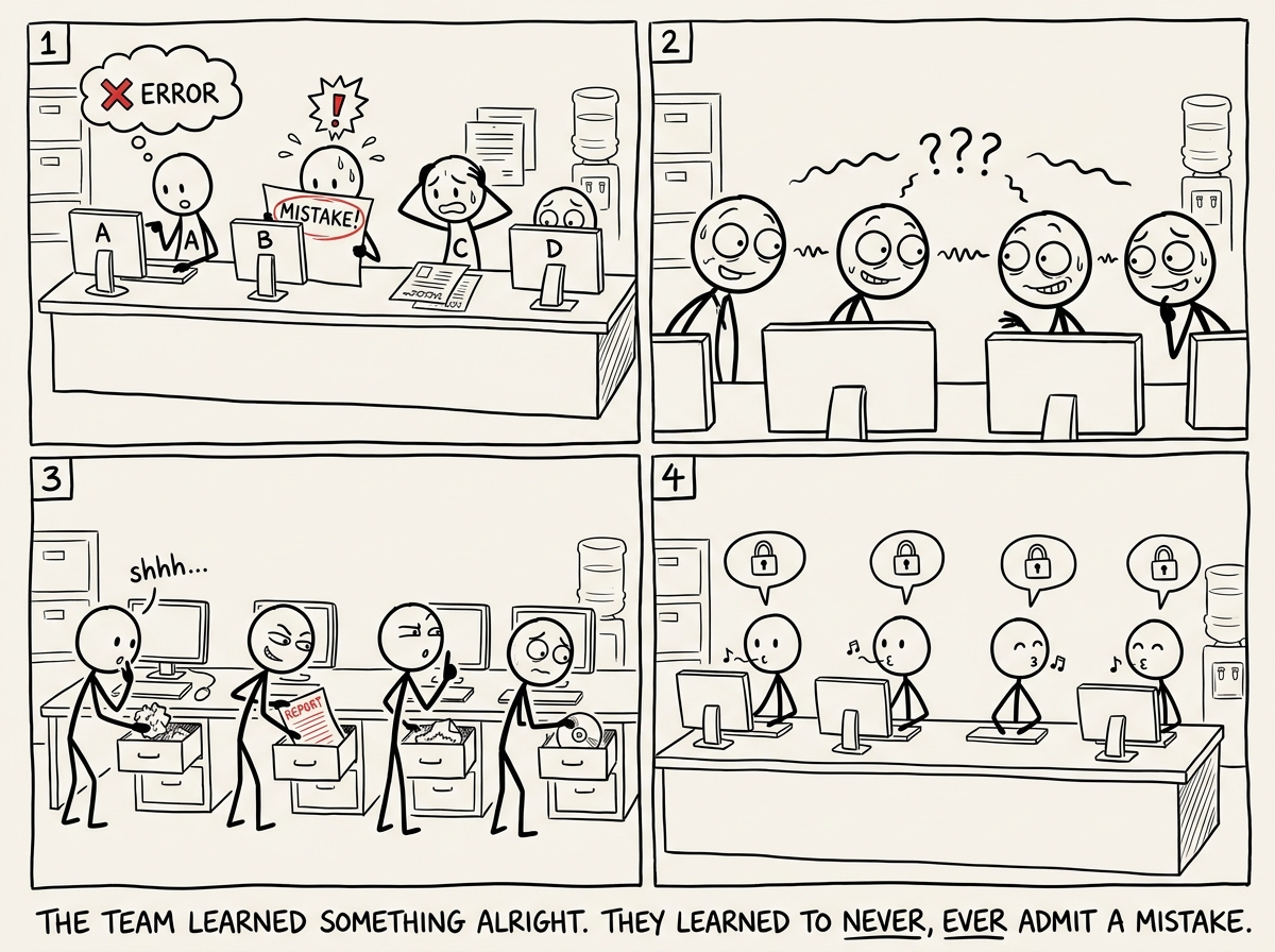 Other team members at their desks, each discovering their own errors, looking at each other wide-eyed, then quietly burying the evidence in desk drawers