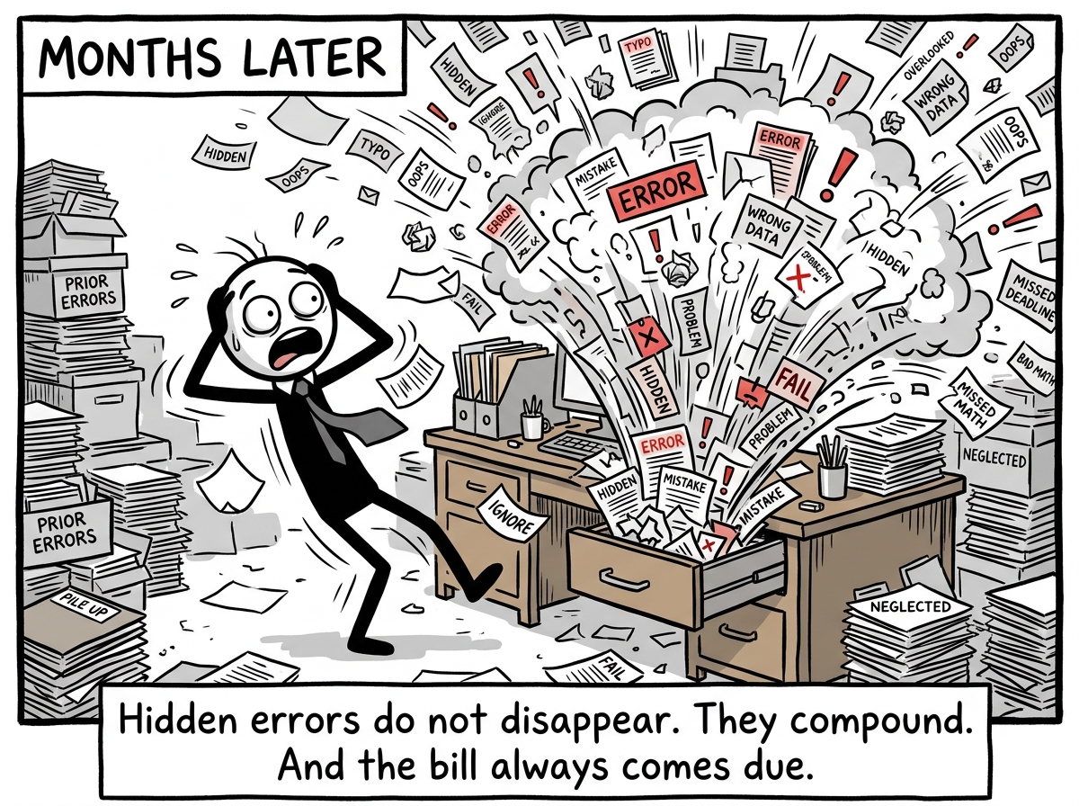 Months later, a massive error exploding out of a desk drawer while the manager looks shocked, surrounded by all the hidden mistakes that piled up