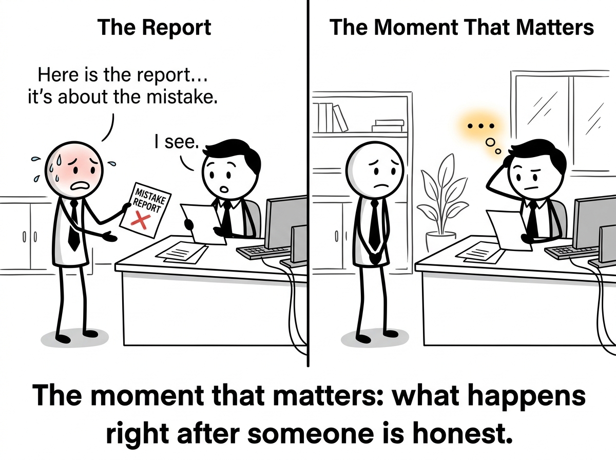 A manager receiving a mistake report from an employee and pausing before responding, choosing their words carefully