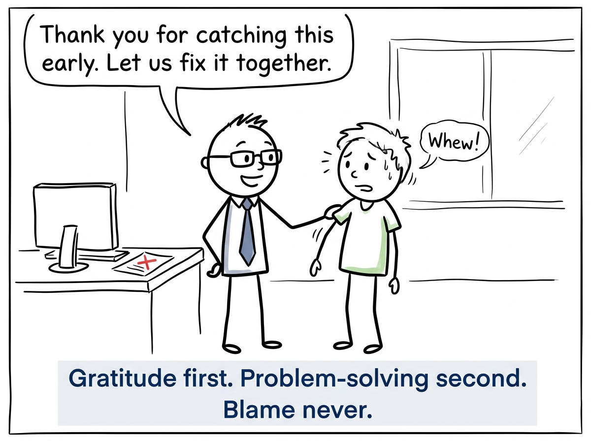 The manager saying 'Thank you for catching this early. Let us fix it together.' while the employee visibly relaxes