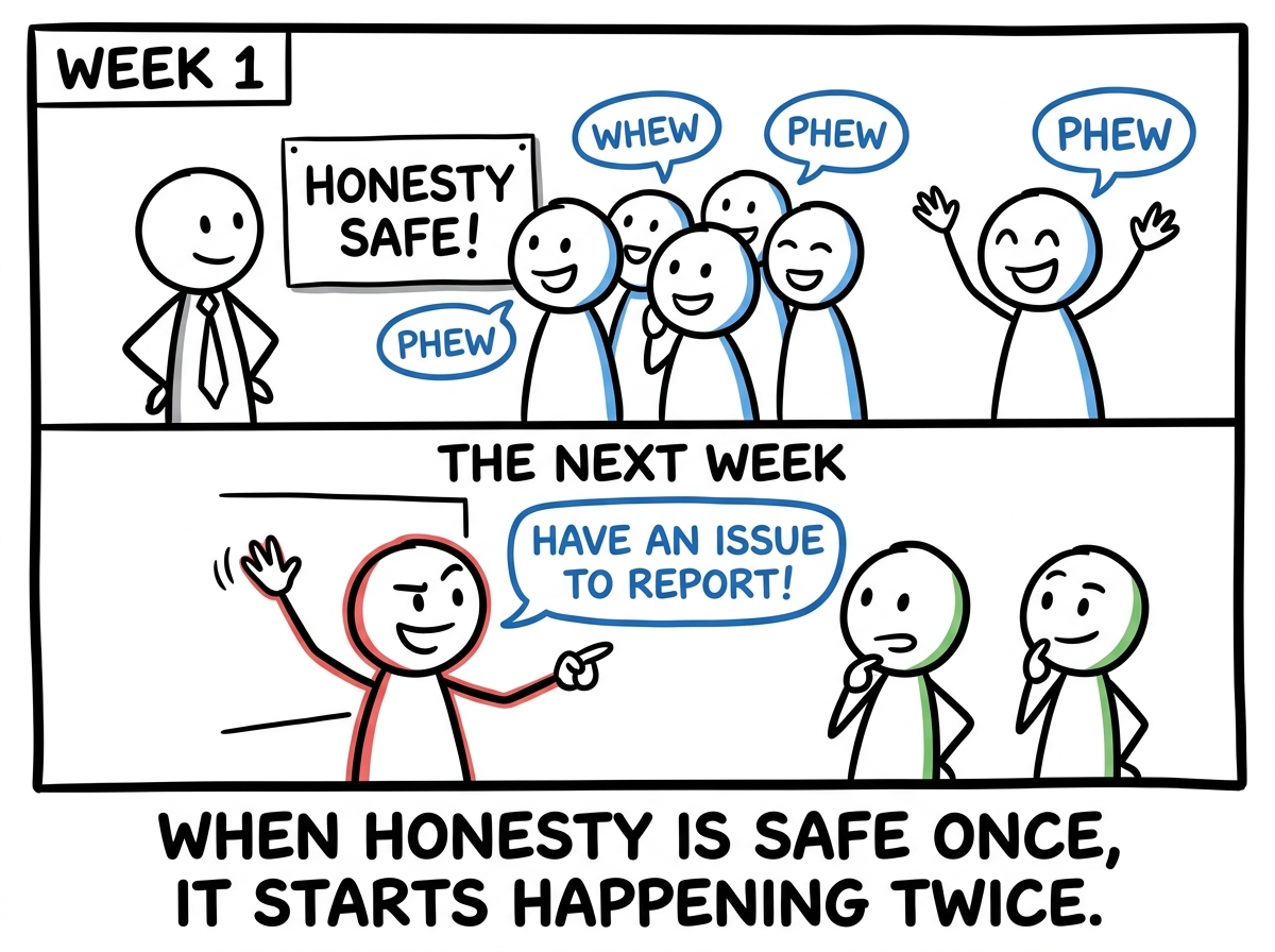 The team seeing that honesty was protected, and another employee flagging a different issue the next week with less hesitation