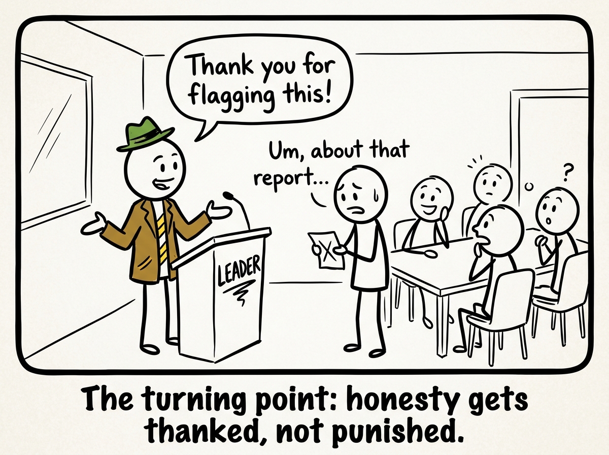 The leader responding to a mistake report by saying 'Thank you for flagging this' instead of assigning blame, while the team watches carefully