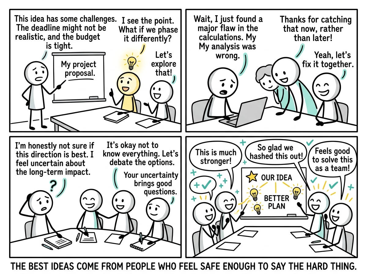 The same team now openly debating ideas, admitting uncertainties, and catching errors early, visibly more engaged and collaborative