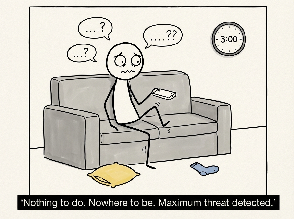 A stick figure sitting down on a couch with nothing in their hands -- no phone, no book, no laptop. A clock on the wall shows Saturday afternoon. The figure has a cautious expression, as if they are attempting something dangerous. A small caption above reads 'Attempting: Rest.'