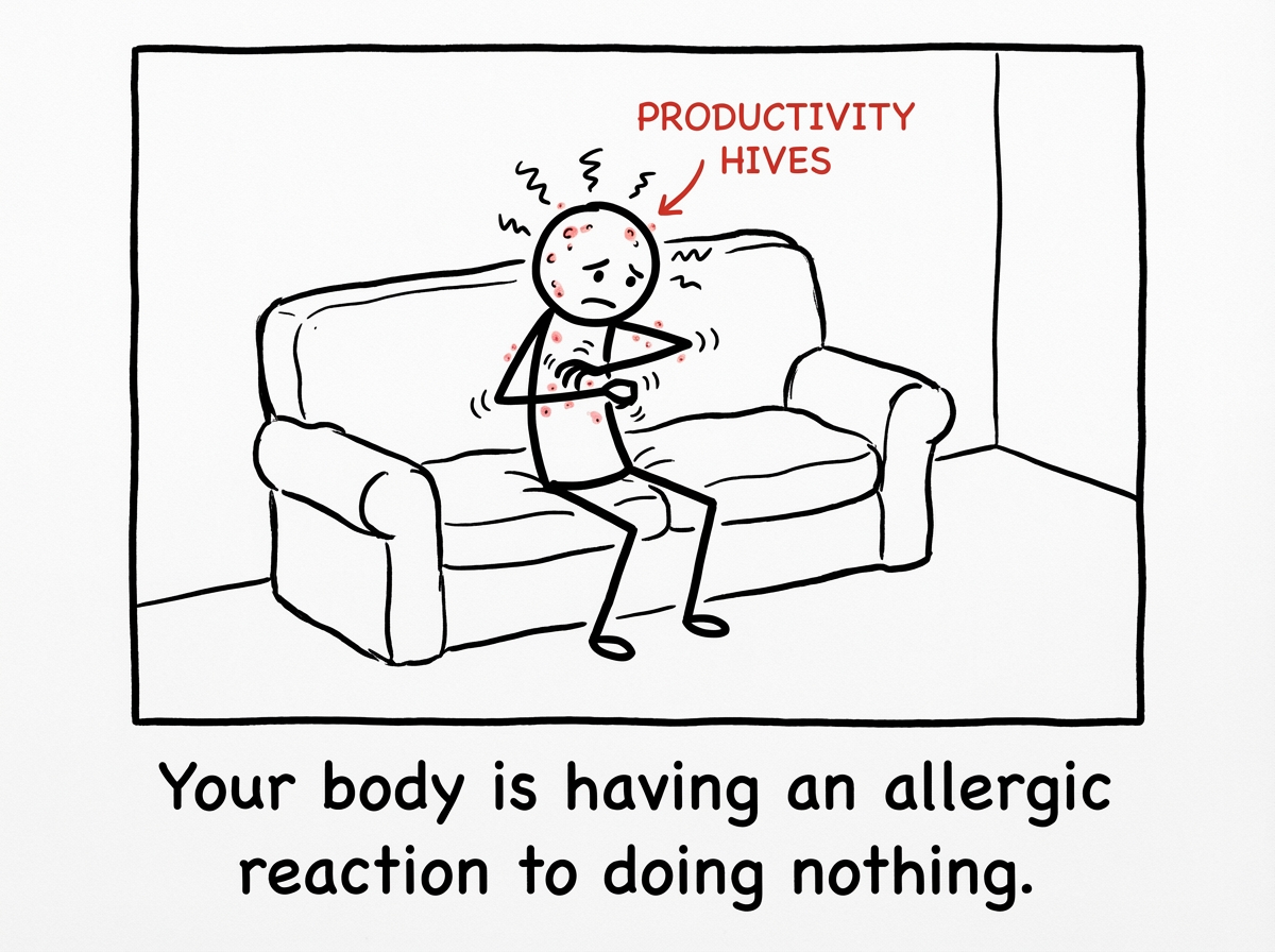 The stick figure still on the couch but now covered in red bumps labeled 'GUILT,' 'RESTLESSNESS,' and 'EXISTENTIAL DREAD.' Their hands are twitching toward a laptop on the nearby table. Sweat drops fly off their head. A thought bubble reads 'This is fine this is fine this is fine.'