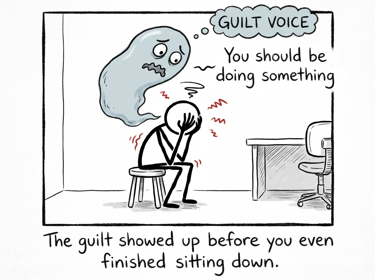 A stern inner voice depicted as a tiny drill sergeant stick figure standing on the couch arm, yelling through a megaphone at the resting figure. Speech bubbles from the sergeant read 'You should be doing something!' and 'The laundry! Your emails! Your POTENTIAL!' The resting figure looks ashamed.