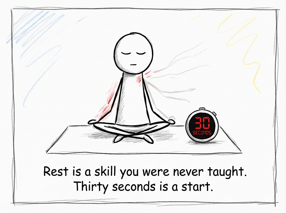 The stick figure back on the couch, eyes closed, taking one deep breath. The drill sergeant is still there but much smaller and quieter. A stopwatch in the figure's hand reads '30 seconds.' A small thought bubble reads 'Rest is a skill. I am in training.' The hives are slightly faded.