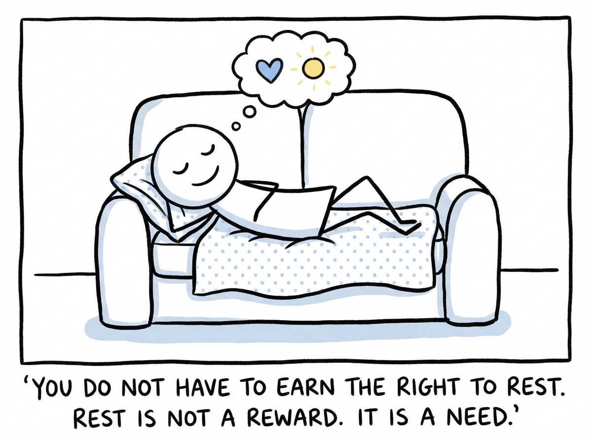 A stick figure sitting peacefully on a couch with a gentle expression, the drill sergeant nowhere in sight. A small sign next to them reads 'Rest is not the absence of value. It is how value is restored.'