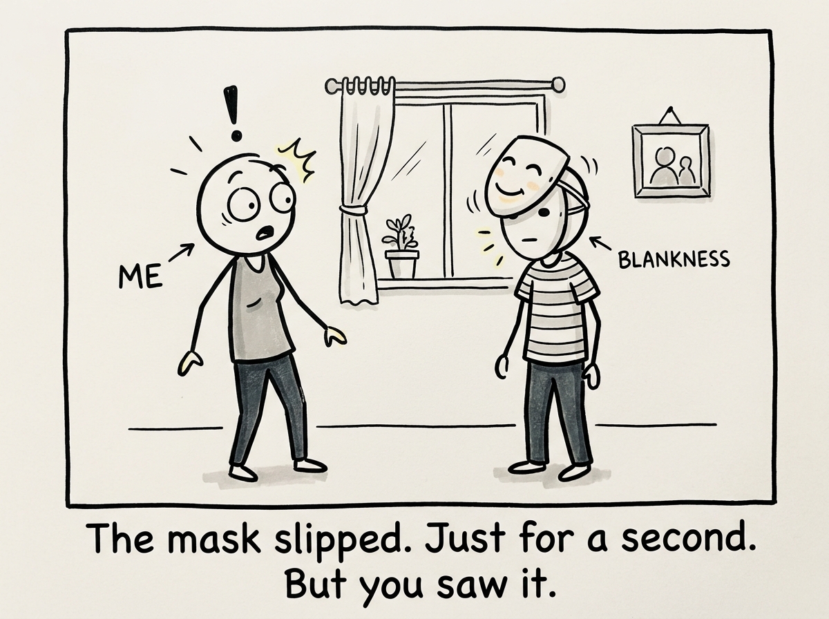 A stick figure noticing a micro-moment — the other person's mask slipping briefly, showing blankness behind a warm smile
