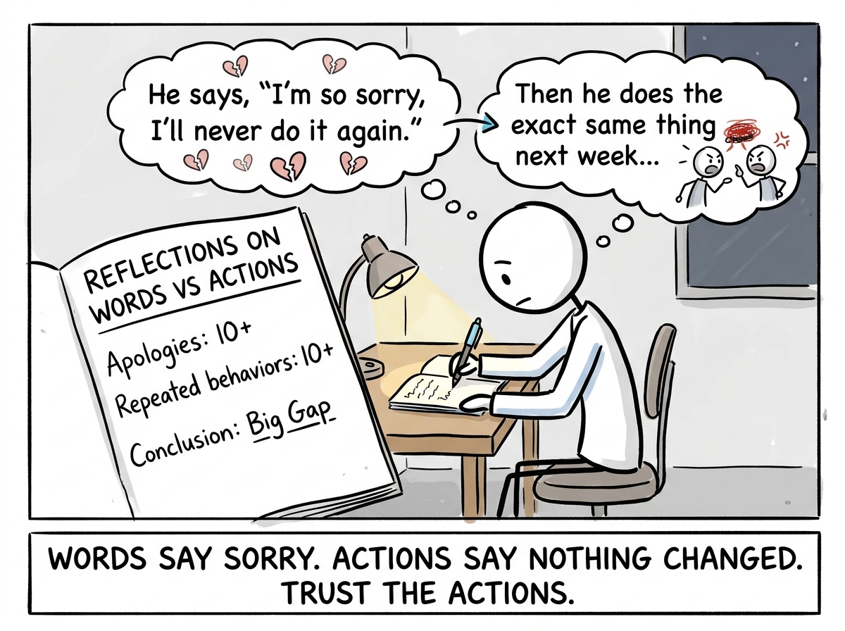 The stick figure writing in a journal, documenting actions versus words — a clear gap between perfect apologies and repeated harm