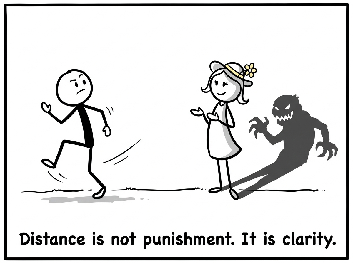 The stick figure creating distance, stepping back from the charming figure whose shadow reveals a different shape than the person casting it
