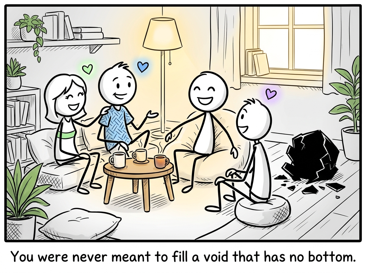 The stick figure in a safe space with trusted people, no longer carrying the weight of someone else's emptiness