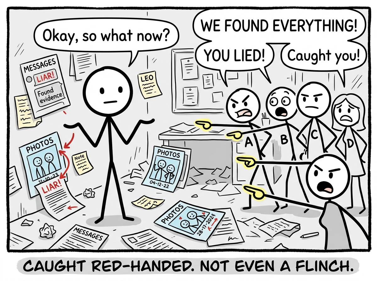 A stick figure has just been caught in a lie. Evidence is scattered everywhere — messages, photos, witnesses pointing. A normal person would look devastated. This figure shrugs casually and says 'Okay, so what now?' with a neutral expression