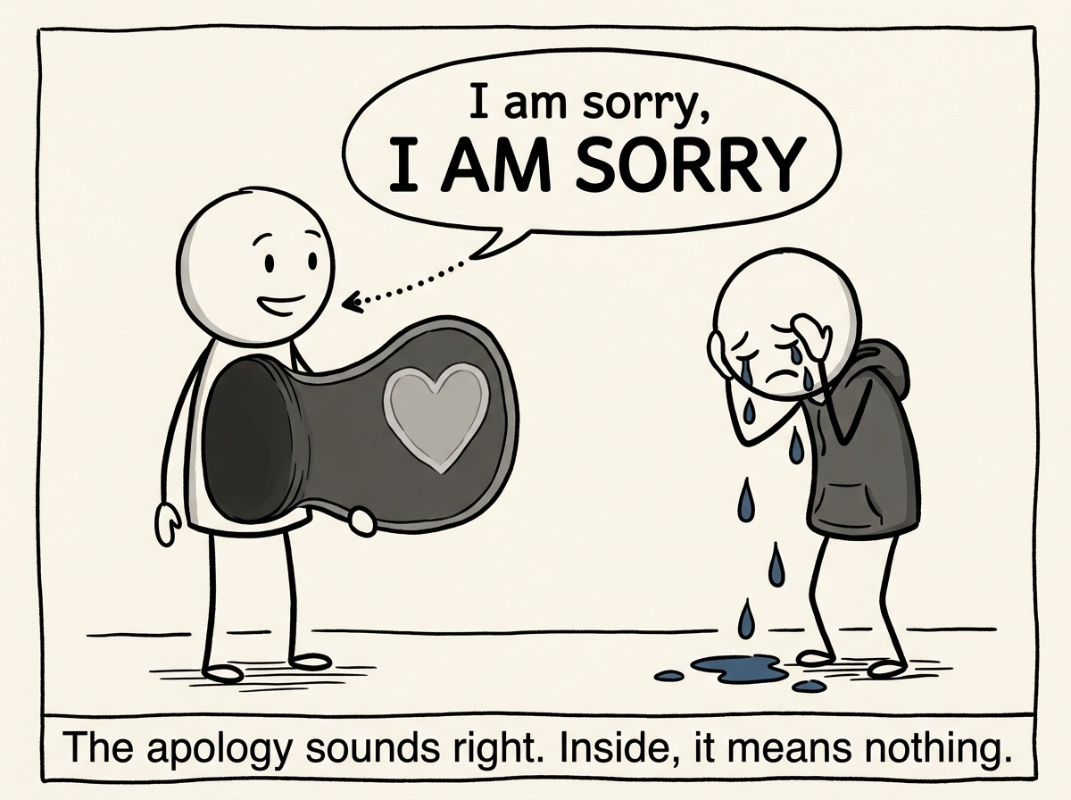 The same figure saying 'I am sorry' to a crying person. The words come out perfectly. But a cross-section of their chest shows the inside is smooth, featureless, and empty — no heart, no weight, no feeling attached to the apology