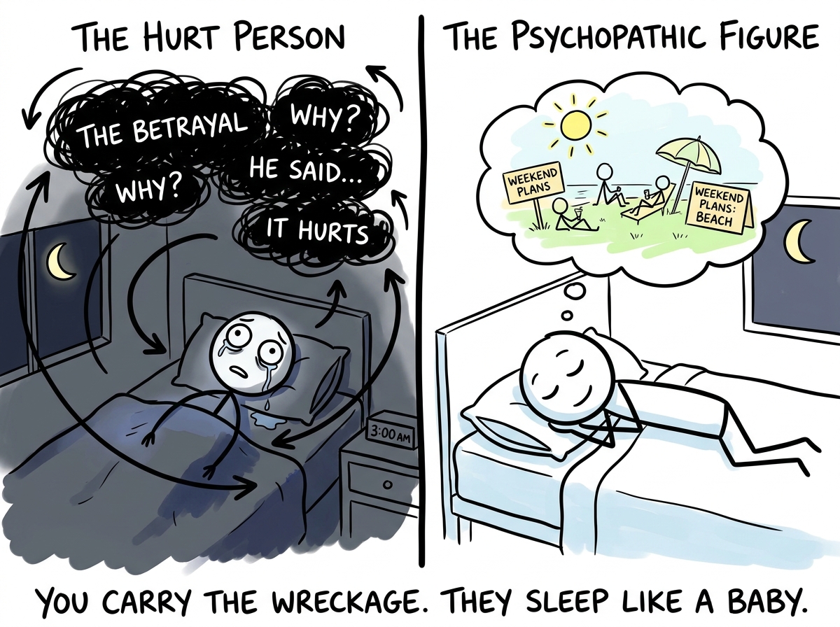 A split screen: on the left, the hurt person lying awake at 3am, replaying the betrayal, surrounded by dark clouds and tears. On the right, the psychopathic figure sleeping peacefully, dreaming about their weekend plans, with a small smile