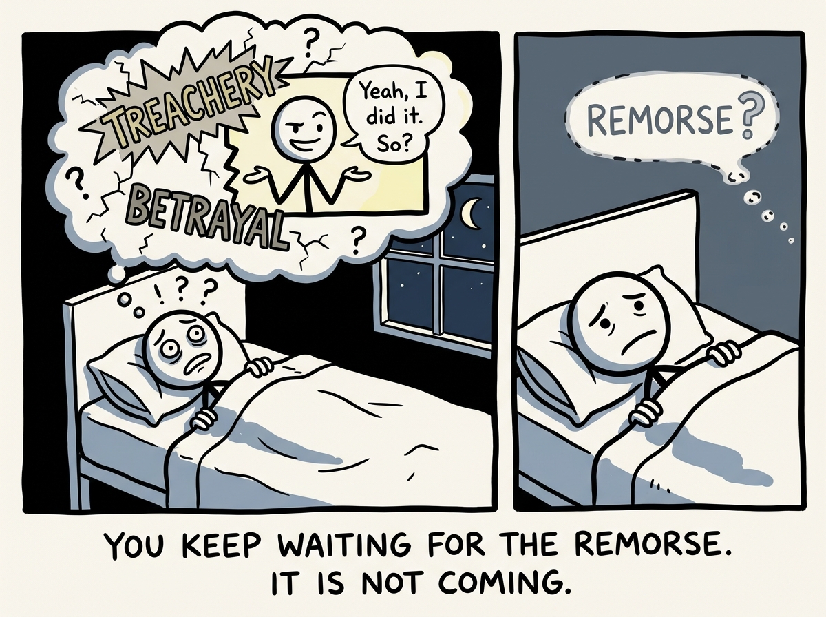 A stick figure lying awake at night, replaying a betrayal, while the other person's complete lack of remorse echoes in their mind