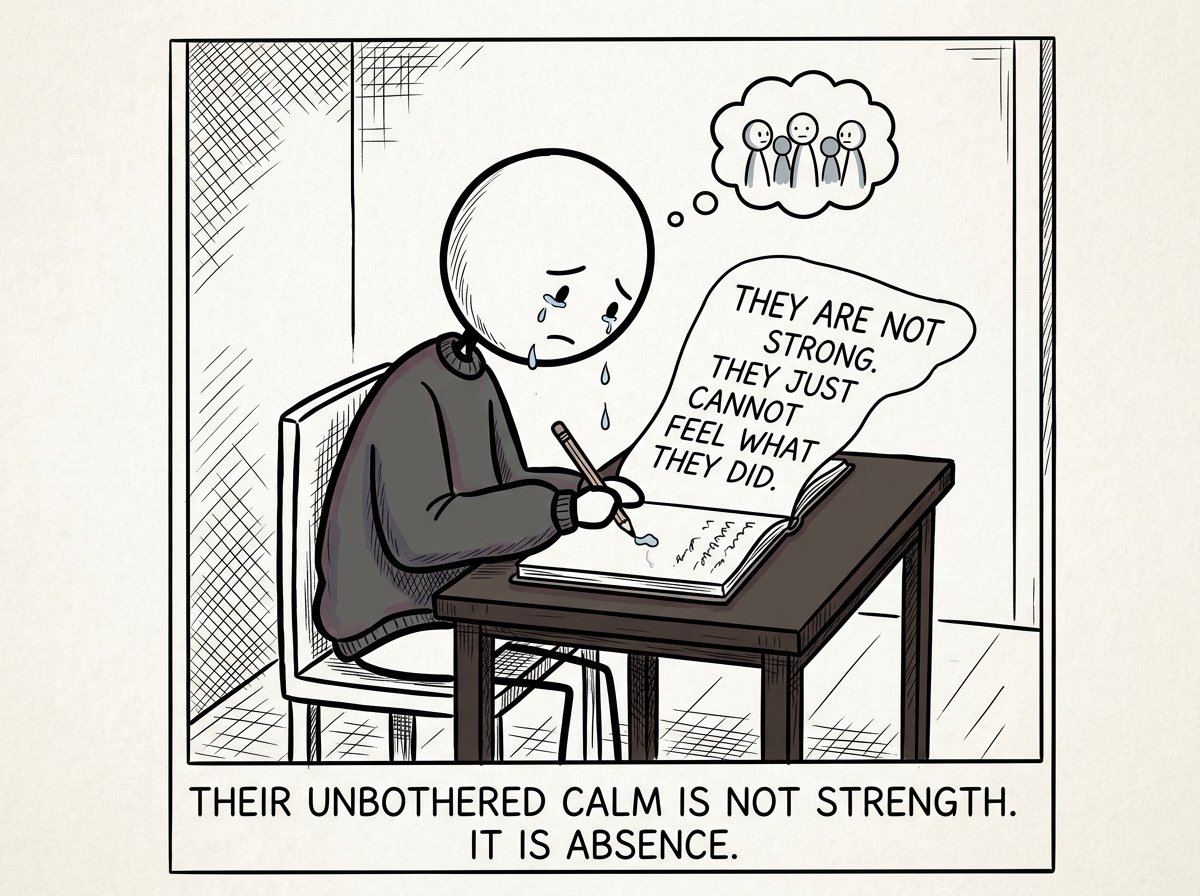 The stick figure accepting the painful truth — writing in a journal: 'They are not strong. They just cannot feel what they did'