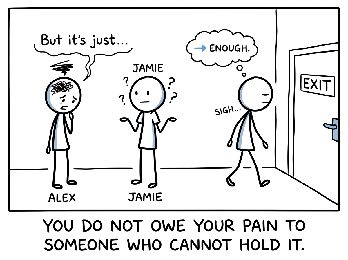 The stick figure choosing to stop explaining their pain to someone who will never absorb it, turning toward the door