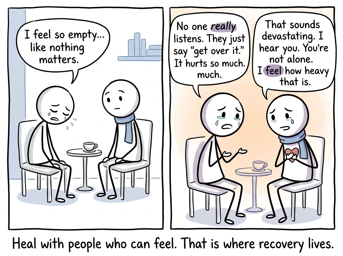 The stick figure processing grief with a therapist or trusted friend, finally being heard by someone who feels the weight of their words