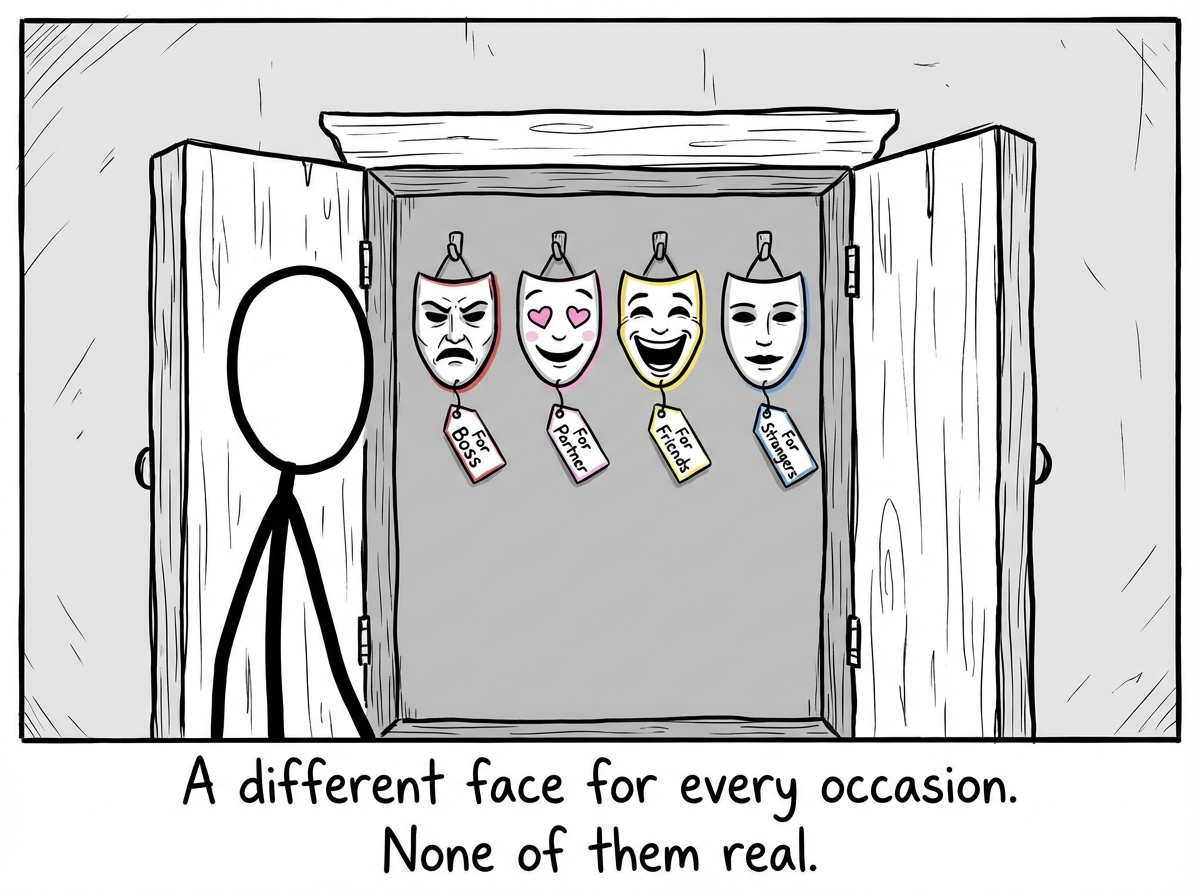 A stick figure standing in front of an open wardrobe, but instead of clothes it is filled with different face masks hanging on hooks. Each mask is labeled: 'For Boss,' 'For Partner,' 'For Friends,' 'For Strangers.' The figure's own face is completely blank — no expression at all
