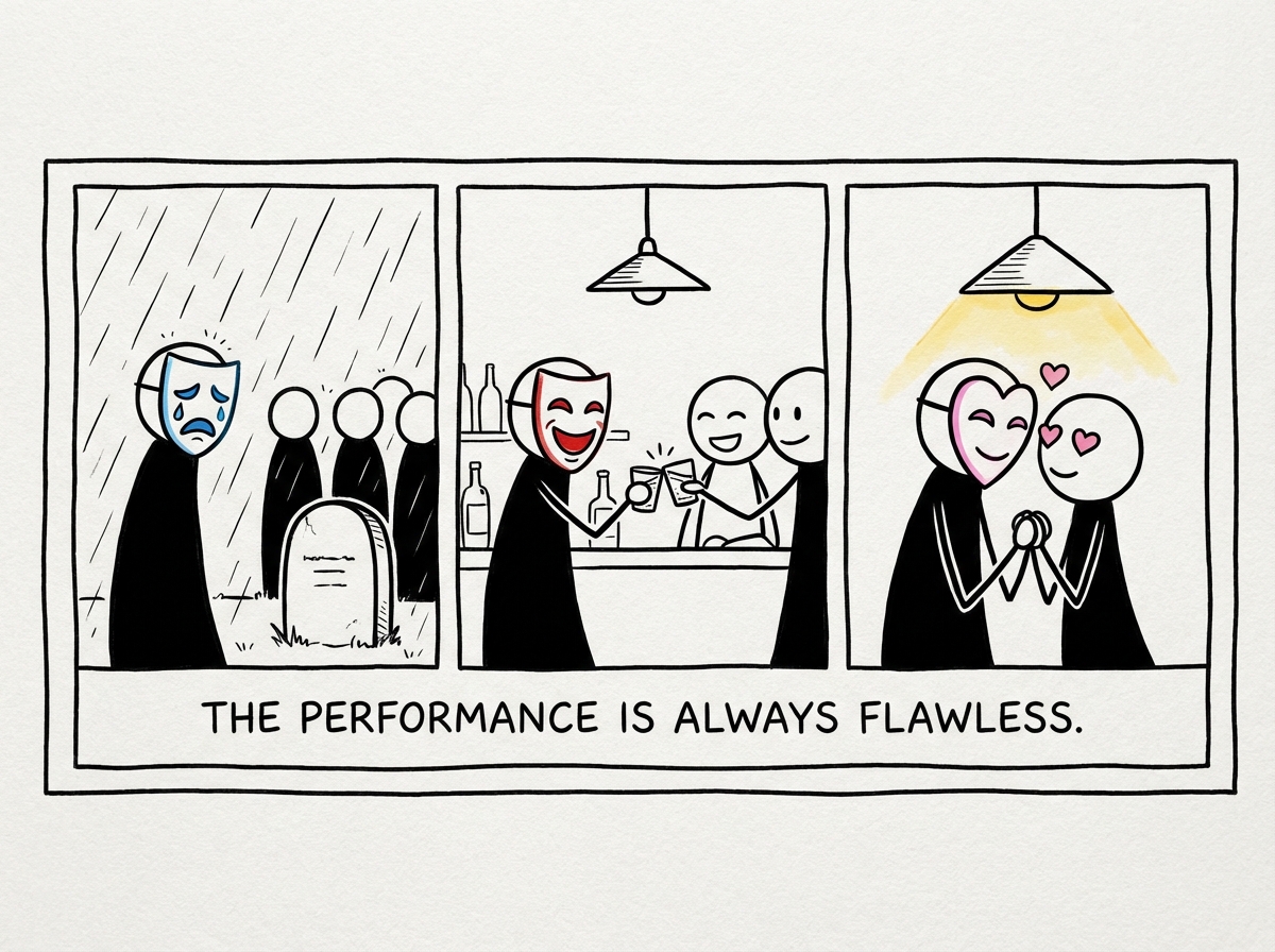 Three panels within a panel showing the same figure wearing different masks: crying at a funeral with mourners (mask: sad), laughing loudly at a bar with friends (mask: fun), and looking deeply into a partner's eyes (mask: loving). Each scene looks genuine