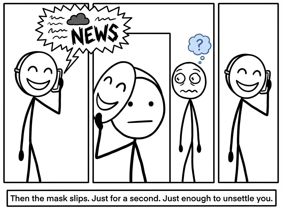 A close-up moment: the figure has just received terrible news. For a split second, the mask slips — revealing the blank, emotionless face underneath. A nearby person catches a glimpse and looks disturbed, but the mask snaps back into place immediately