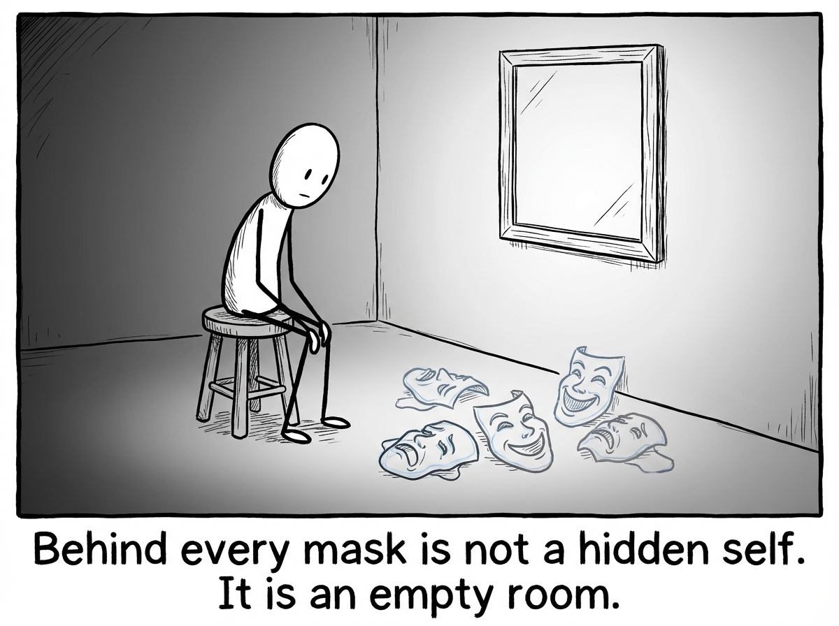 The figure at the end of the day, sitting alone, surrounded by discarded masks on the floor. Their blank face stares forward. A mirror on the wall reflects nothing. The caption implies the void is not pain — it is absence