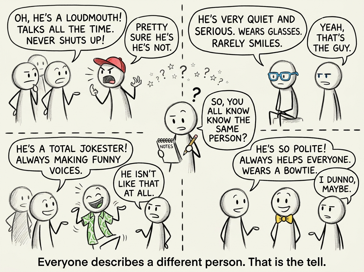 The stick figure comparing notes — talking with different people who each describe a completely different version of the same person