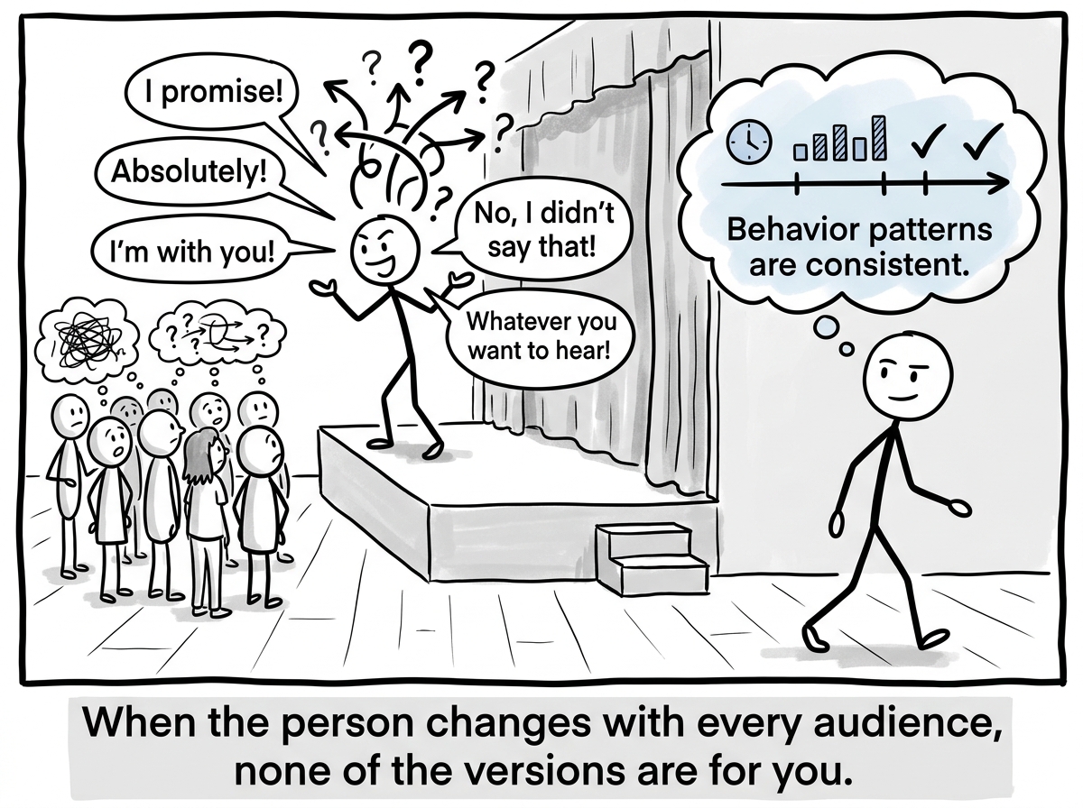 The stick figure choosing to trust behavior patterns over words, stepping back from the performance with clarity