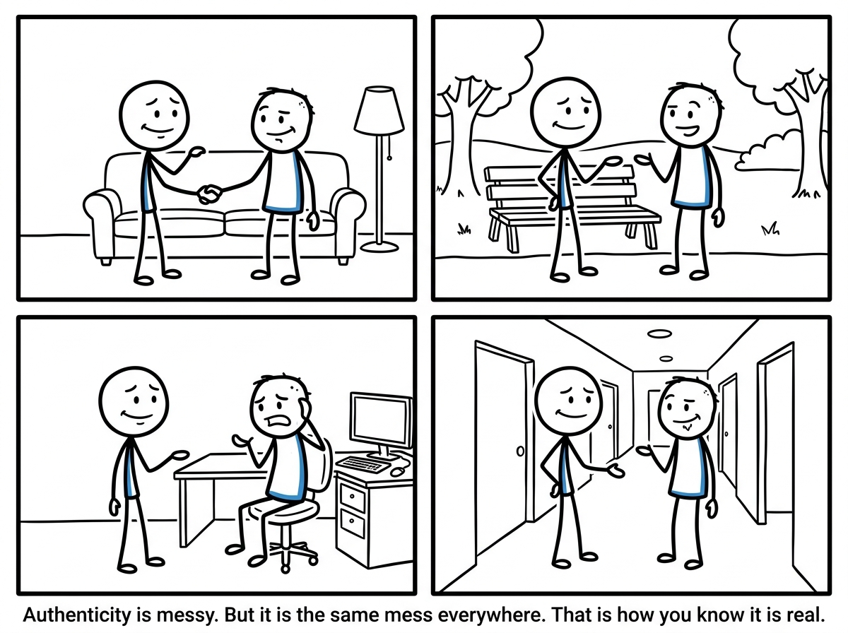 The stick figure investing in relationships where people are the same person in every room — consistent, imperfect, and real